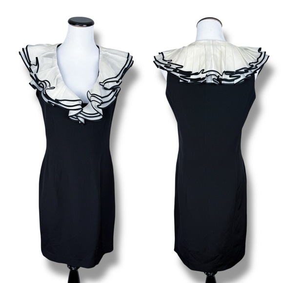 Escada Vintage Black Cocktail Dress w/ White Ruffle Collar 40 - Designer, V-Neck - Picture 1 of 16